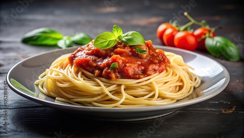 Plate of spaghetti with tomato sauce and basil on top