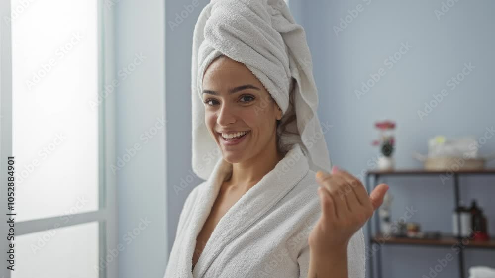 Young woman relaxing in a spa room with a towel on her head, wearing a white robe, making a welcoming gesture in a serene beauty center for wellness and relaxation Young woman relaxing in a spa room with a towel on her head, wearing a white robe, making a welcoming gesture in a serene beauty center for wellness and relaxation