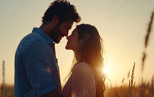 Wallpaper Mural A couple embraces in a golden sunset, their foreheads touching, symbolizing love and intimacy amidst a serene natural setting. Torontodigital.ca