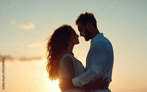 A romantic silhouette of a couple embracing at sunset, capturing a moment of love and connection against a beautiful horizon.