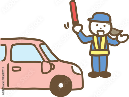 車を誘導している若い女性の警備員(全身)