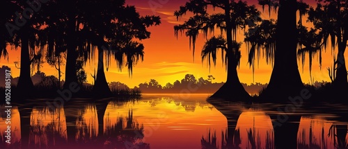 A stunning sunset over a calm lake, silhouetted trees reflecting on the water's surface, creating a serene and colorful natural scene.