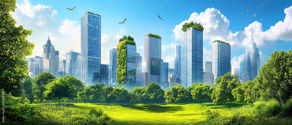 Obraz premium A vibrant city skyline with lush greenery, showcasing sustainable architecture and nature coexisting harmoniously under a clear blue sky.