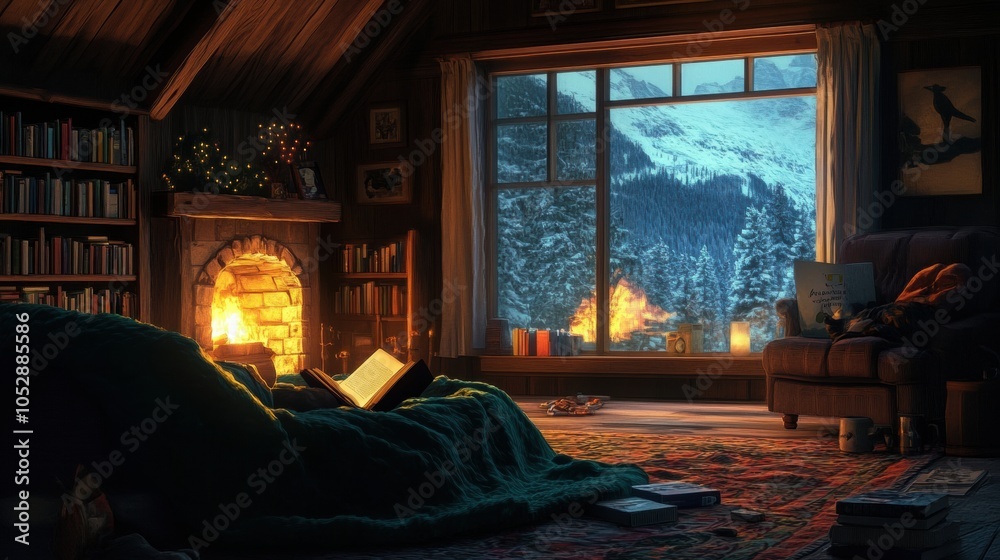 Person enjoying a reading retreat in a cozy cabin, warm blanket, fireplace in the background, peaceful and relaxing, promoting book holidays, Person enjoying a reading retreat in a cozy cabin, warm blanket, fireplace in the background, peaceful and relaxing, promoting book holidays,