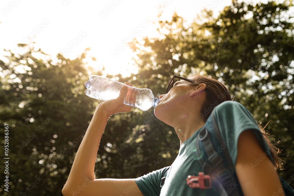 Active female drinking water while hiking outdoors in the forest, body care, health concept Active female drinking water while hiking outdoors in the forest, body care, health concept