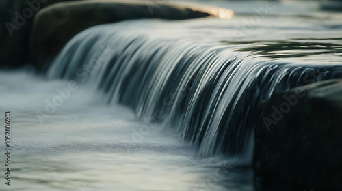 A close-up of a waterfall cascading over smooth stones, creating a serene atmosphere with gentle mist rising into the air 