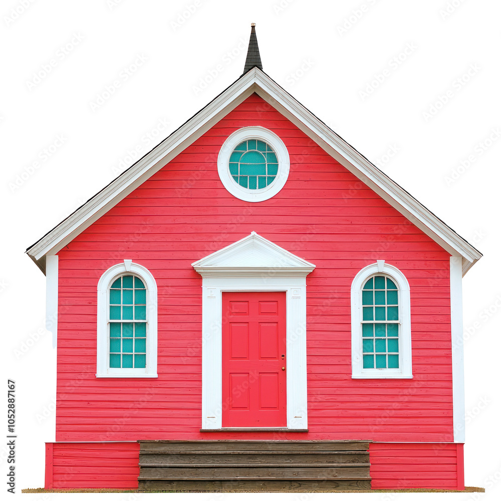 Bright red school building with white accents and green windows, exuding charm and character Bright red school building with white accents and green windows, exuding charm and character