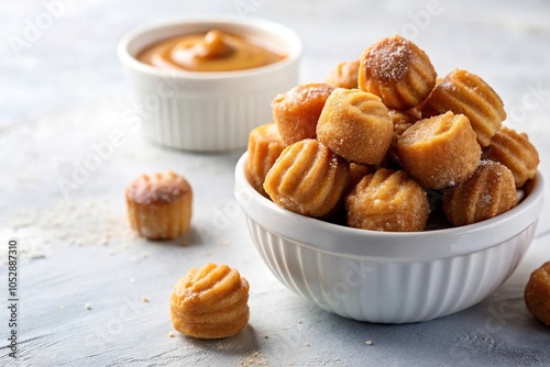 Point of view mini churro bites with dulce de leche in a white bowl