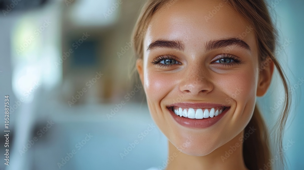 Young patients show close-up portraits of beautiful white teeth after whitening treatment, with a clean clinic environment as the background and professional lighting highlighting their smiles