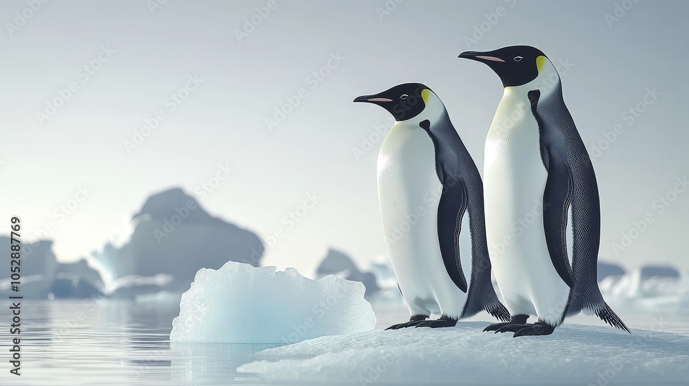 Fototapeta premium Antarctica Day Celebration with Penguins on Ice, Floating Icebergs Under Clear Sky, Perfect Minimalistic Background for Text and Branding, Showcasing the Beauty of the Antarctic Landscape