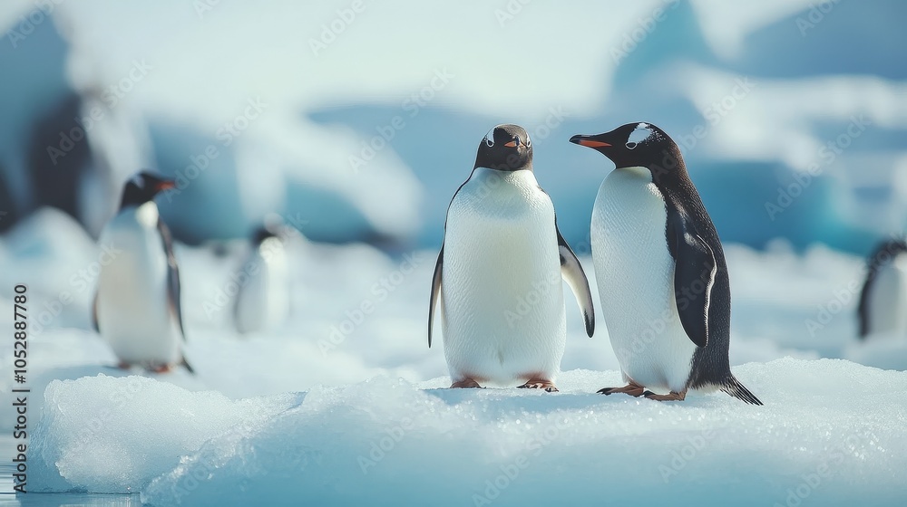 Fototapeta premium Antarctica Day Celebration with Penguins on Ice, Floating Icebergs Under Clear Sky, Perfect Minimalistic Background for Text and Branding, Showcasing the Beauty of the Antarctic Landscape