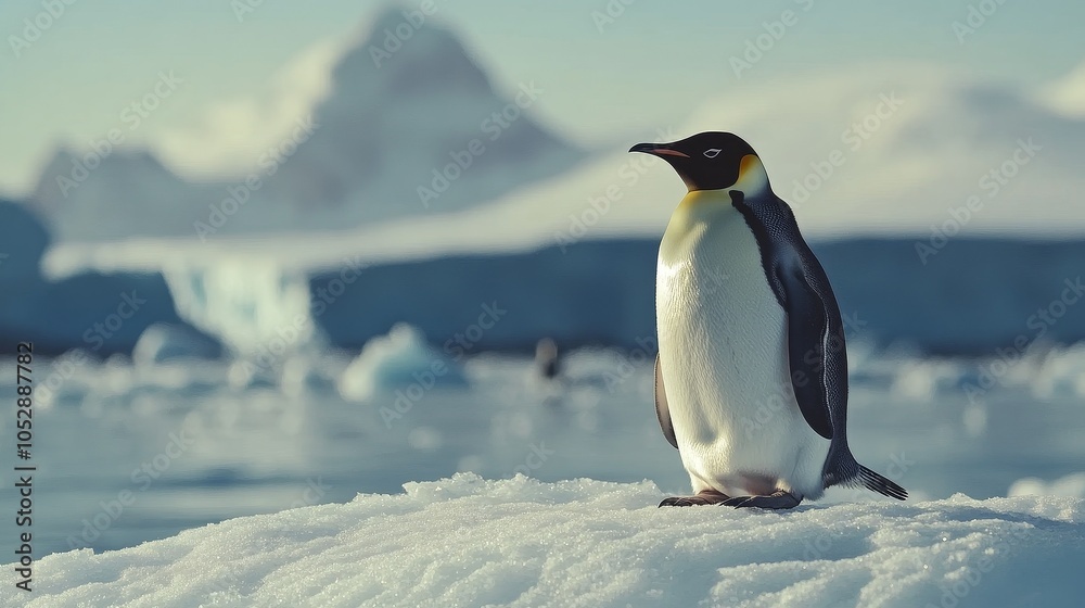 Fototapeta premium Antarctica Day Celebration with Penguins on Ice, Floating Icebergs Under Clear Sky, Perfect Minimalistic Background for Text and Branding, Showcasing the Beauty of the Antarctic Landscape