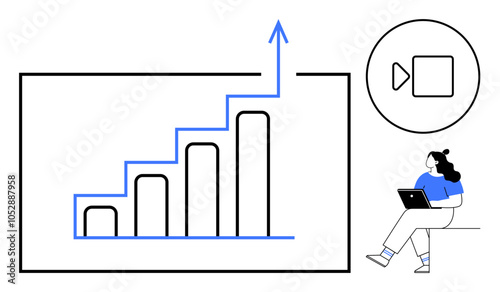 Business growth chart with increasing bar graph indicating upward trend, woman operating a laptop, and video stream icon. Ideal for business analysis, financial reports, online presentations