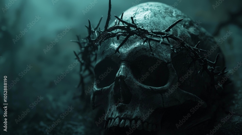 Gothic skull with a thorny crown, dramatic and intense, moody lighting
