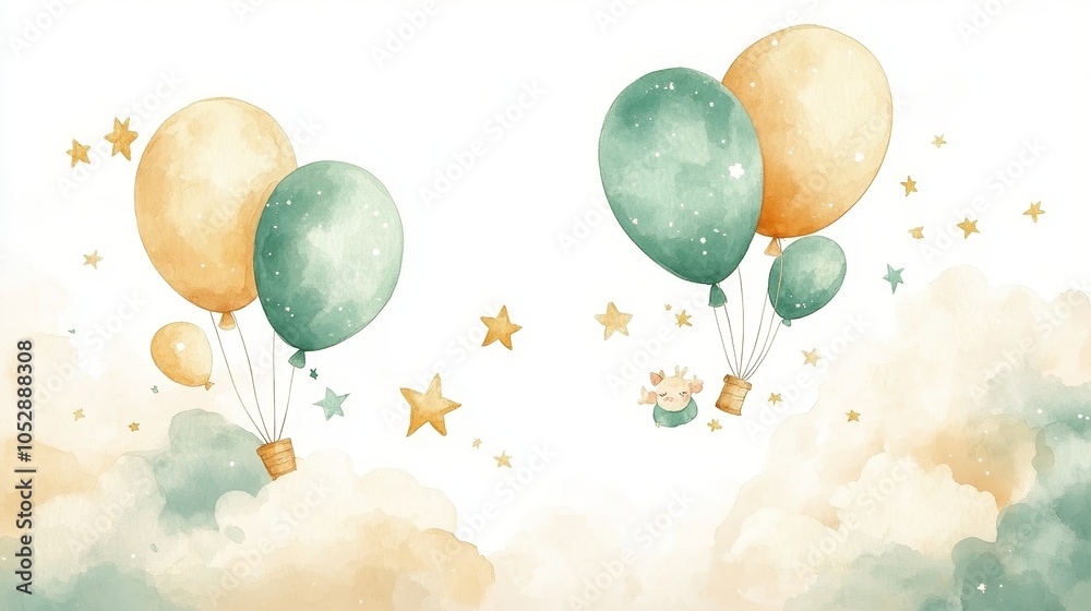Fototapeta premium Watercolor Illustration of a Cute Koala Holding Green and Beige Balloons, Floating Among Clouds and Stars on a White Background, Ideal for Nursery Art and Children's Decor