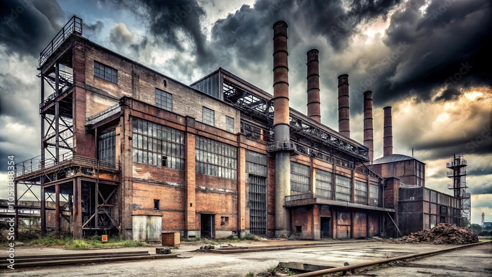 A derelict industrial complex, once a hub of production, now stands silent and decaying under a dramatic sky. A derelict industrial complex, once a hub of production, now stands silent and decaying under a dramatic sky.