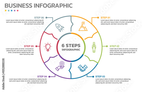 Visual data presentation. Cycle diagram with 6 options. Pie Chart Circle thin line infographic template with 6 steps, options, parts, segments. Business concept. Editable pie chart with sectors.