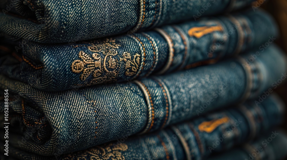 Close-Up of Stacked Denim Jeans with Embroidered Detail Close-Up of Stacked Denim Jeans with Embroidered Detail