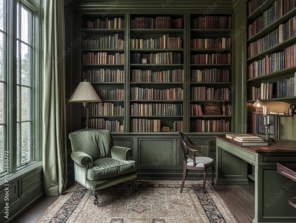 Calming library with varying shades of muted olive green Calming library with varying shades of muted olive green