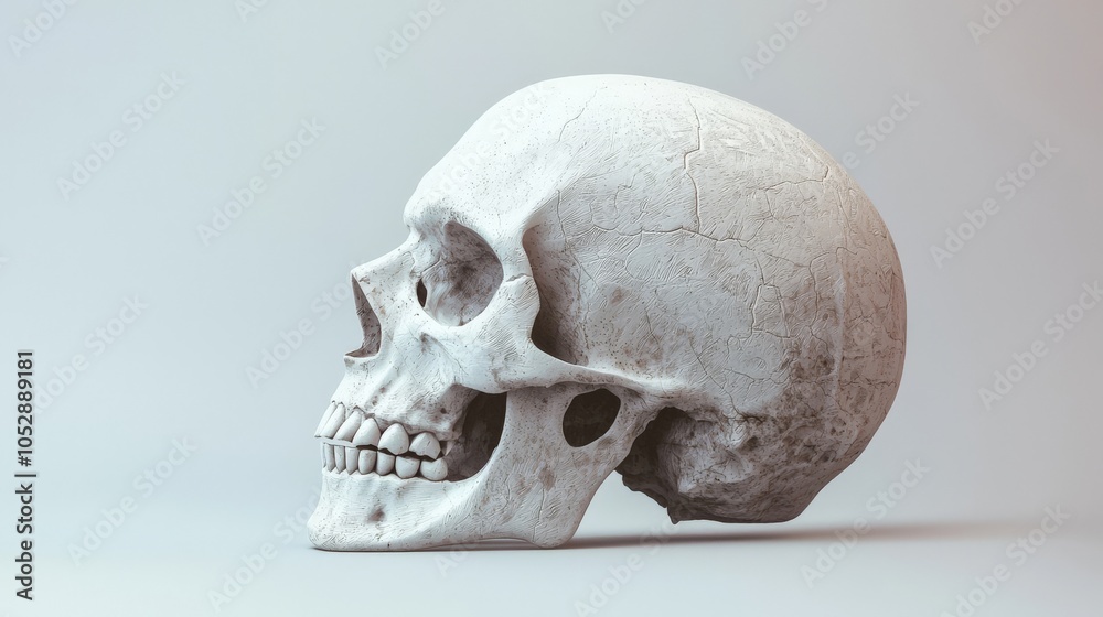 Realistic depiction of a human skull, side view, intense focus