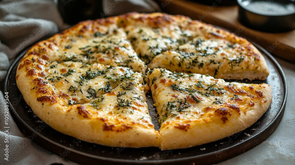 Freshly baked cheese pizza topped with herbs served on a round tray in a cozy kitchen Freshly baked cheese pizza topped with herbs served on a round tray in a cozy kitchen