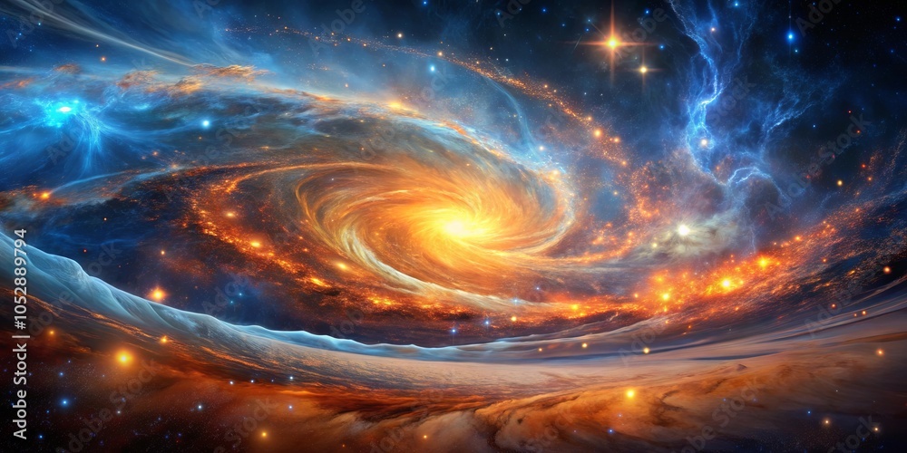 Fototapeta premium A swirling galaxy, a luminous core, and a celestial horizon, painted in hues of blue, orange, and gold, with scattered stars twinkling in the vast darkness.