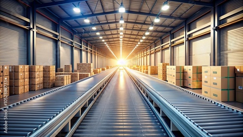 A long conveyor belt in an industrial warehouse with stacked cardboard boxes on either side, sunlight streaming in from the end of the building, illuminated by overhead lights