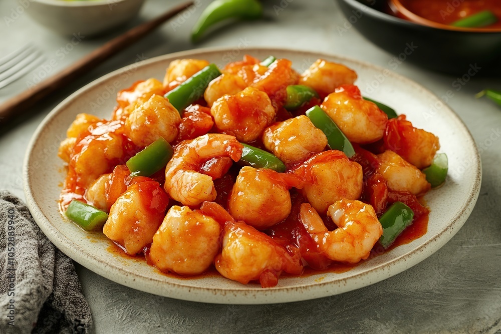Close-up of a plate of sweet and sour shrimp with green peppers. Close-up of a plate of sweet and sour shrimp with green peppers.