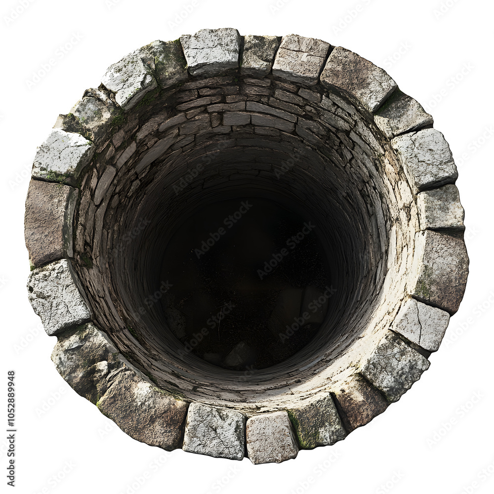 Fototapeta premium Looking down into a well with a stone wall, dark and mysterious.