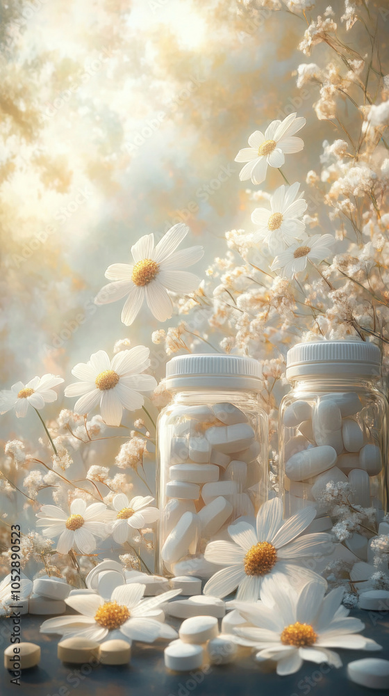 Obraz premium Two white vases with pills inside and a bunch of white flowers. The vases are placed on a table