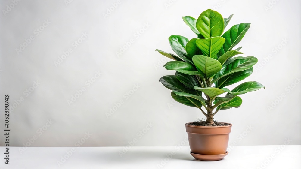 Obraz premium Potted Ficus lyrata tree with green leaves against white background