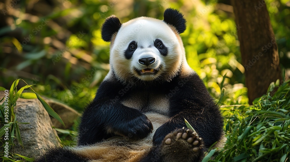 Cute Panda Sitting and Smiling, Radiating Joy and Playfulness in a Whimsical Setting, Perfect for Animal Lovers and Children's Illustrations Cute Panda Sitting and Smiling, Radiating Joy and Playfulness in a Whimsical Setting, Perfect for Animal Lovers and Children's Illustrations