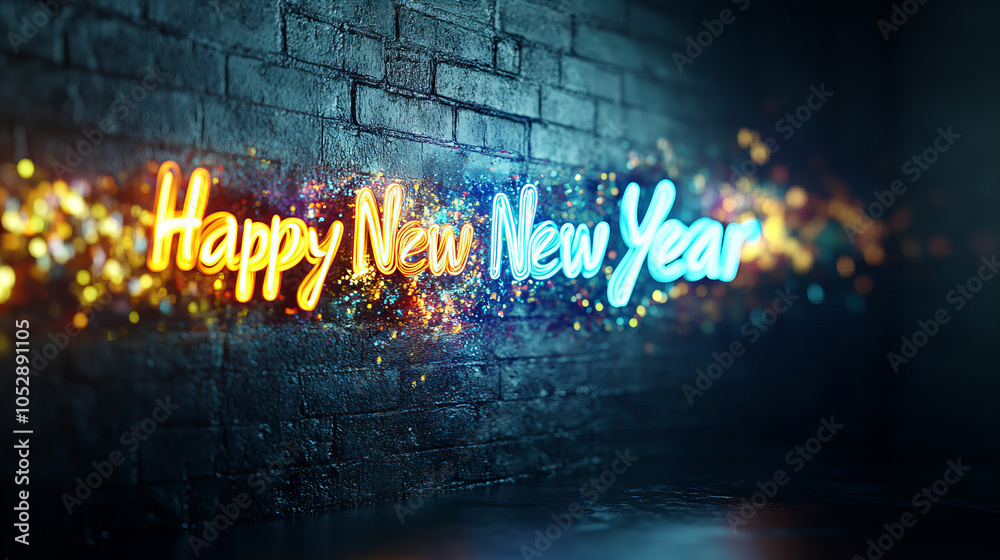 Naklejka premium Colorful neon sign wishing a joyous happy new year against a dark brick wall with sparkles at night