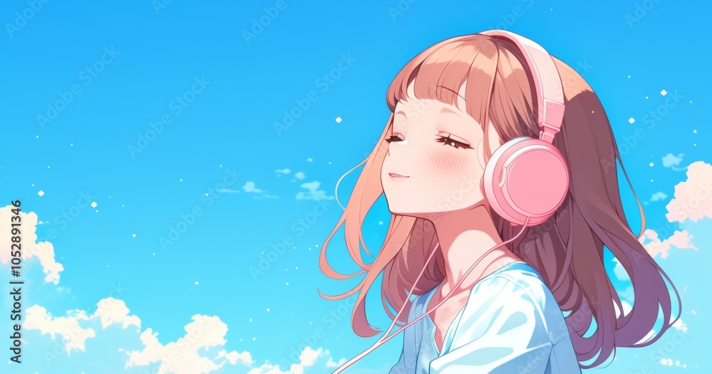 A cute girl with pink headphones looks up at the sky, enjoying music against a blue background with white clouds. A cute girl with pink headphones looks up at the sky, enjoying music against a blue background with white clouds.