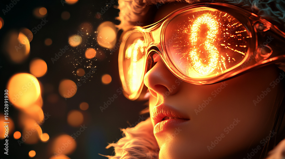 A woman wearing goggles reflecting glowing lights during a festive celebration at night, creating a vibrant and magical atmosphere A woman wearing goggles reflecting glowing lights during a festive celebration at night, creating a vibrant and magical atmosphere