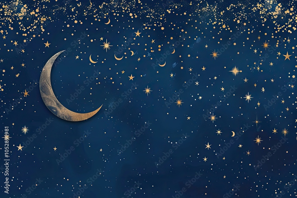 Naklejka premium Celestial wonder a magical exploration of the night sky filled with dazzling stars and a mystical crescent moon against a deep blue backdrop