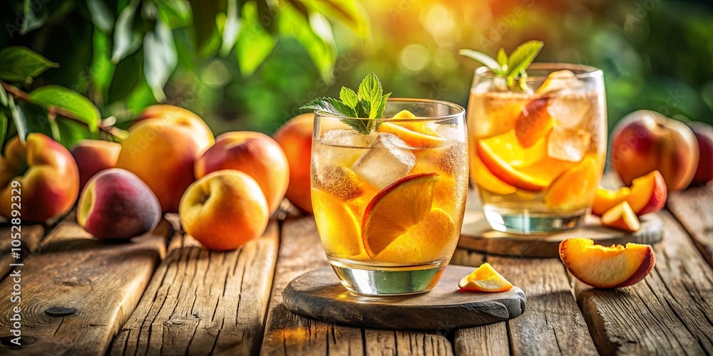 A Refreshing Summer Beverage with Slices of Citrus and Peaches, Served on a Rustic Wooden Table A Refreshing Summer Beverage with Slices of Citrus and Peaches, Served on a Rustic Wooden Table