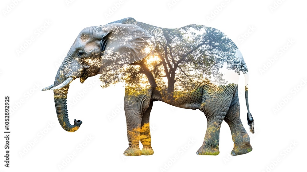 Fototapeta premium Elegant Elephant Silhouette Against an African Savanna Background on a White Canvas, Capturing the Majestic Essence of Wildlife and Nature in a Simple Yet Striking Design