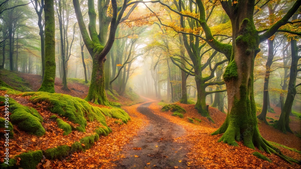 Obraz premium A winding path through a forest of moss-covered trees bathed in the soft light of autumn