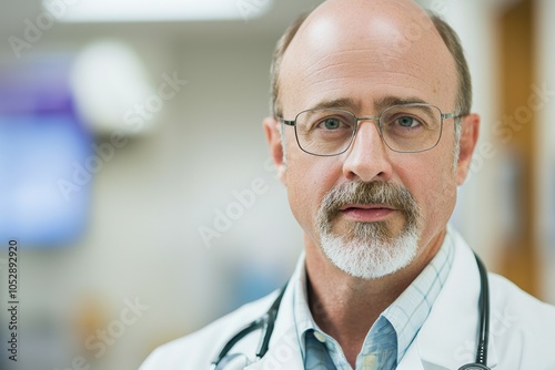 A balding man wearing glasses and a white coat