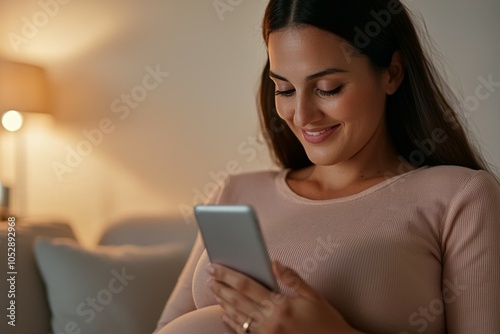 A woman is sitting on a couch and looking at her phone