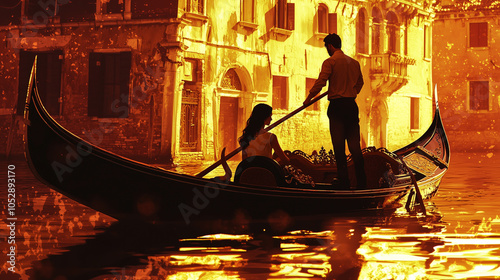 A gondolier navigates a woman through the canals in a gondola, bathed in the golden hour's glow