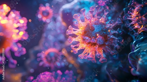 A highly detailed 3D rendering of a virus seen under a microscope, with intricate biological features and vibrant lighting