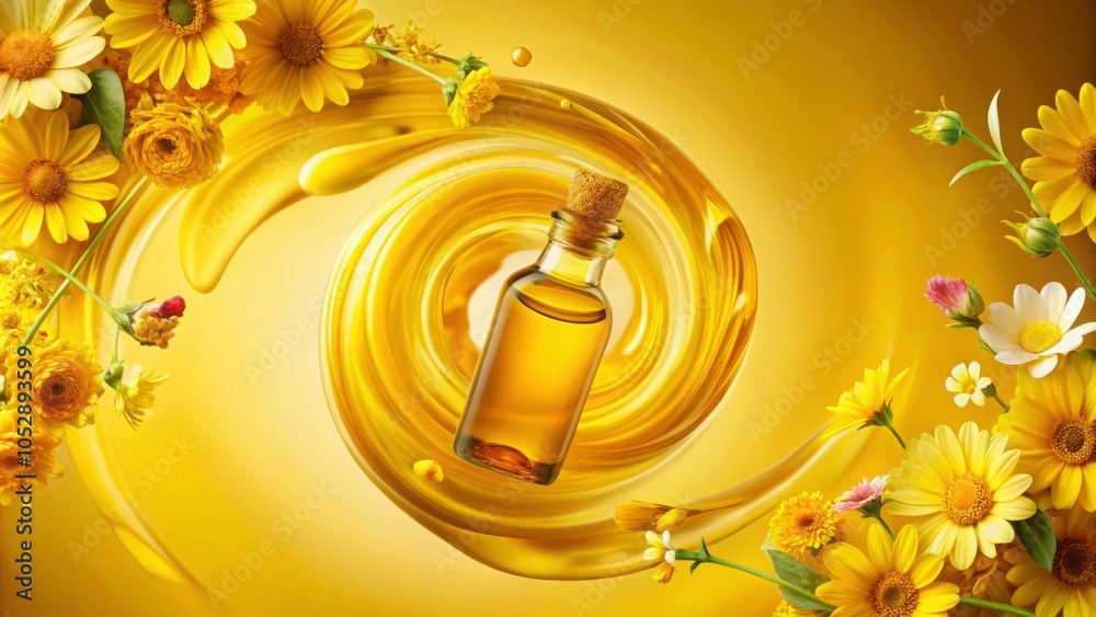 Fototapeta premium Yellow essential oil flowing in a spiral pattern, extracted from natural substances and flowers, Essential oil, natural
