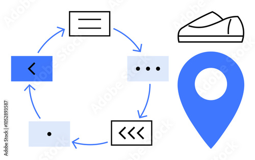 Circular process flow with five steps indicated by arrows, a navigation pin, and a shoe icon. Ideal for business process mapping, navigation, fitness tracking, workflow diagrams, logistics