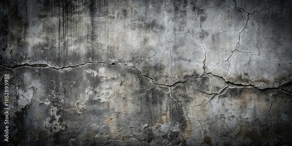 Obraz premium A weathered and cracked concrete wall with a dark and distressed patina, showcasing the passage of time and the resilience of the material.