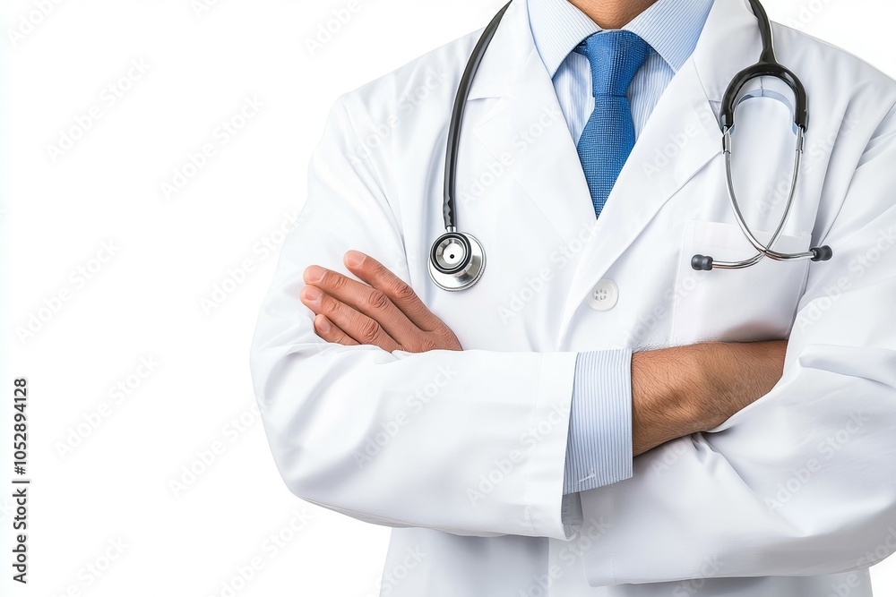 A doctor stands with his arms crossed and a stethoscope around his neck A doctor stands with his arms crossed and a stethoscope around his neck