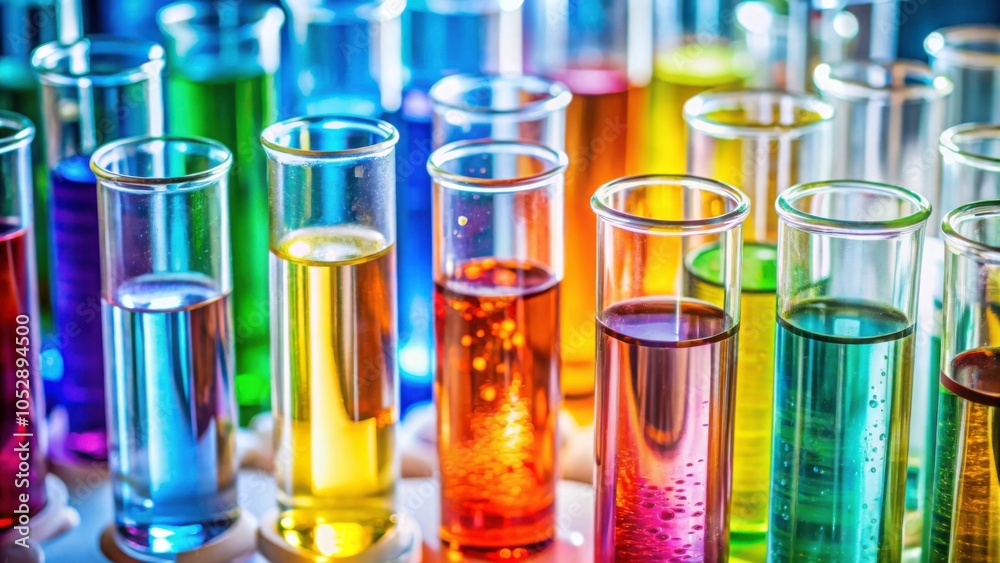A close-up shot of various colorful liquids bubbling in test tubes in a laboratory setting, chemistry, science, experiment A close-up shot of various colorful liquids bubbling in test tubes in a laboratory setting, chemistry, science, experiment