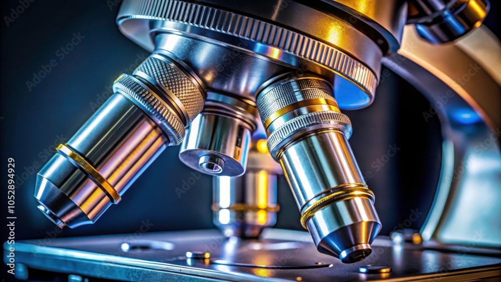 Close-up shot of microscope lens showing intricate details, microscope, close-up, metal, lens, technology, science Close-up shot of microscope lens showing intricate details, microscope, close-up, metal, lens, technology, science
