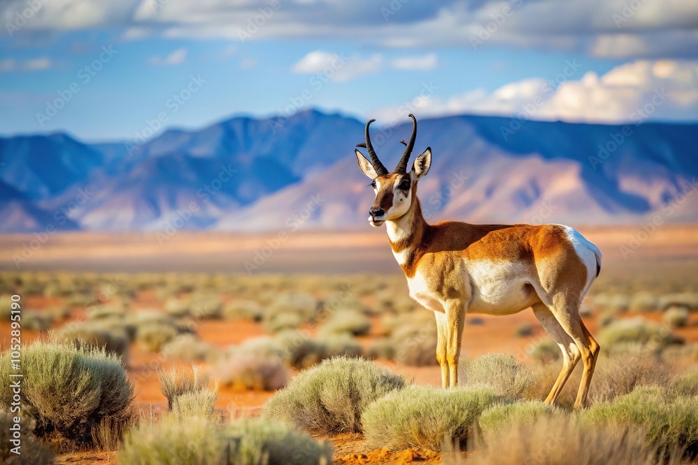 Fototapeta premium Pronghorn antelope grazing in Southeastern Utah desert near Colorado border, low angle view